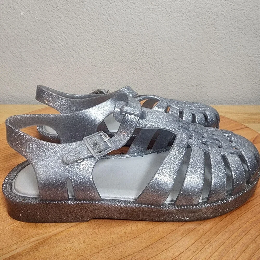 Mini Melissa Sandals Girls Size 3 Silver Glitter Jelly Fisherman Shoes 10GR23BR